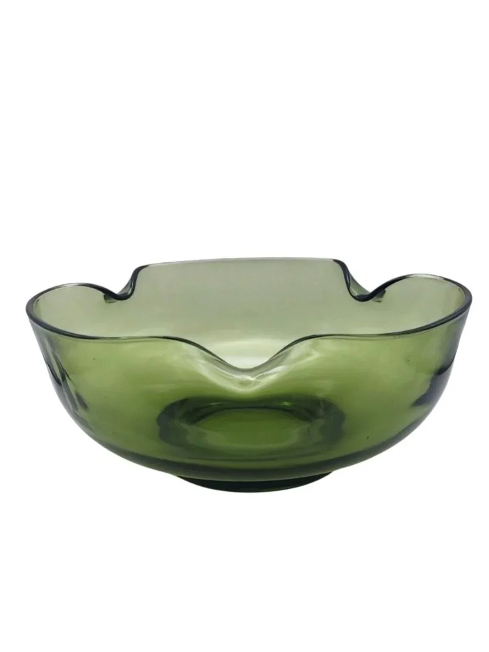 Anchor Hocking Avocado Green Pinched Glass Chip Popcorn Serving Bowl Vintage MCM